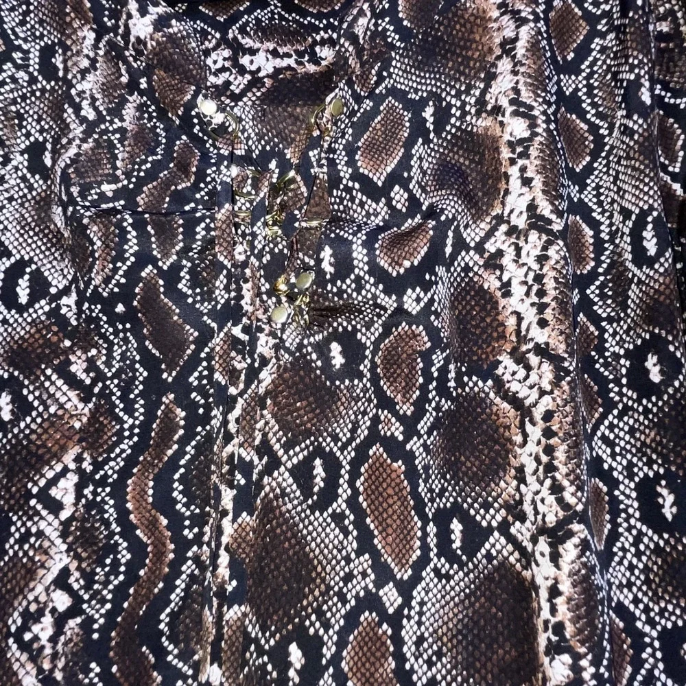 Michael Kors Tunic Dress Womens Medium Brown Snake Print Silk Lace Up V Neck